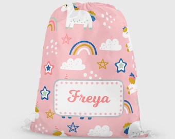 Personalised Unicorn Pink Rainbow Gym Bag, Girls Kids Drawstring Bag, Childrens School PE Bag, Swim Bag | Customise with any Name FANDANGO