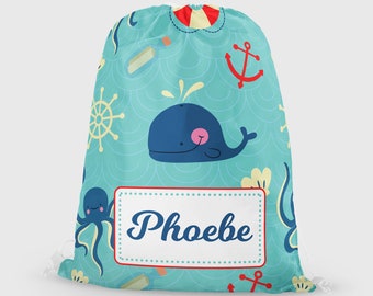 Personalised PE / swim bag, nautical bag, girls school bag, boys school bag, kids drawstring bag, back to school bag, swim bag, sports bag