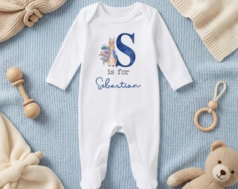 Personalised Rabbit Sleepsuit - New Baby Boy Coming Home Outfit - Custom Name Newborn Gift