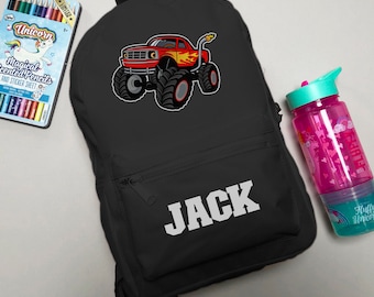 Personalised Monster Truck Backpack ANY NAME Back To School Bag Backpack Kids Nursery Toddler Rucksack