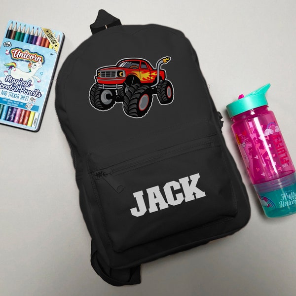 Personalised Monster Truck Backpack ANY NAME Back To School Bag Backpack Kids Nursery Toddler Rucksack FANDANGO