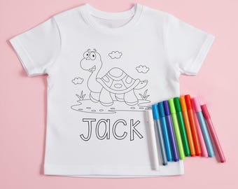 Personalised Turtle Colouring T-Shirt - Washable Colour-Me-In Tee - Custom Name Kids Gift