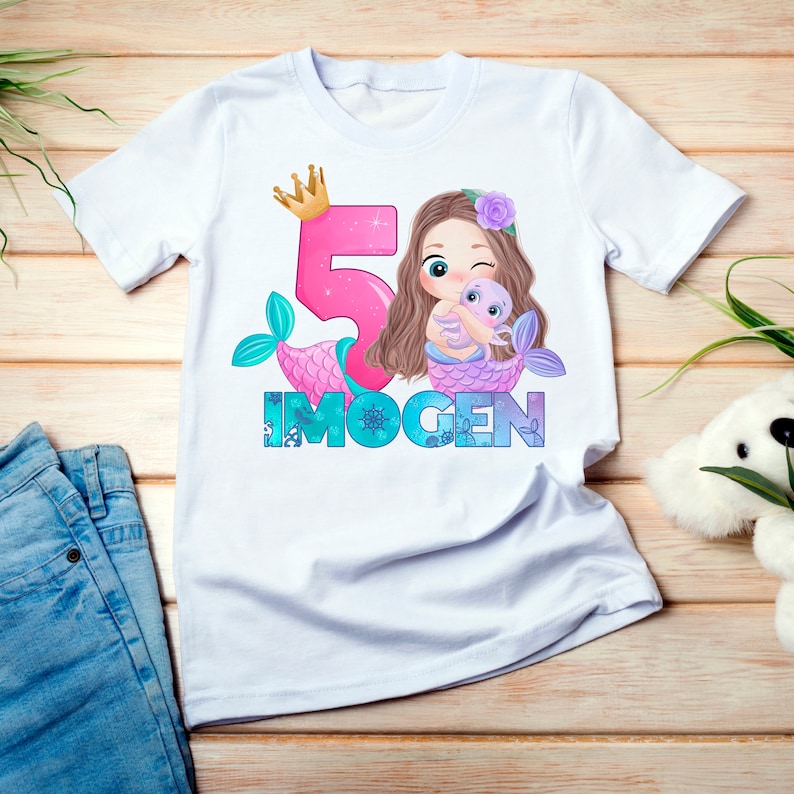 Personalised Mermaid Birthday T-Shirt Any Name Any Age Mermaid Under The Sea image 1