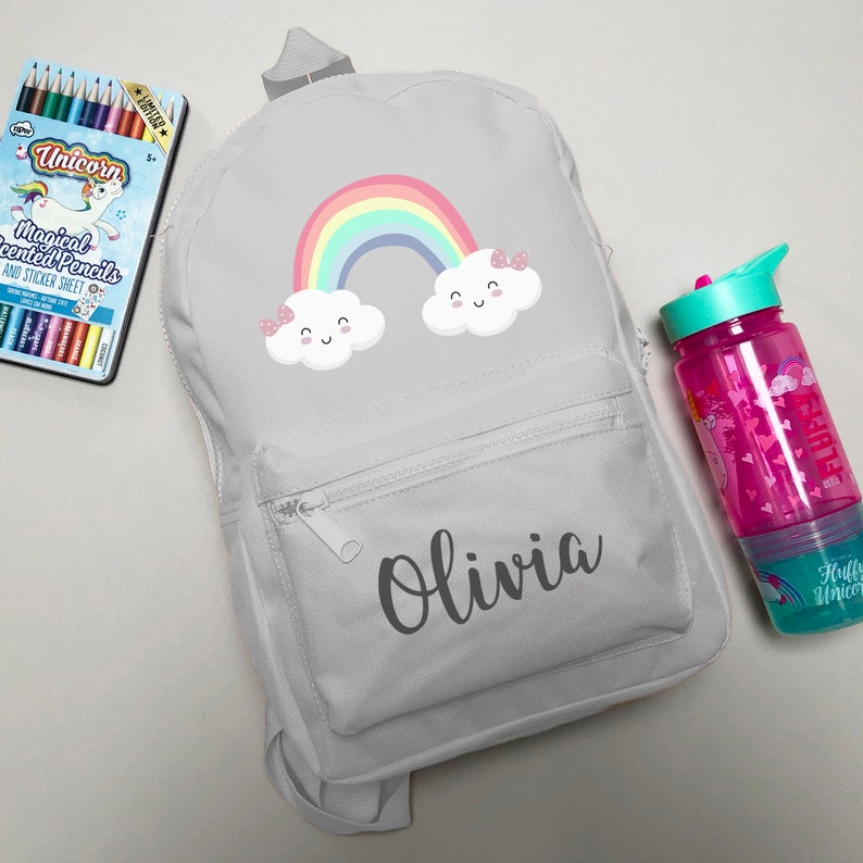 Personalised Rainbow Backpack ANY NAME Back To School Bag Backpack Kids Nursery Toddler Rucksack Grey