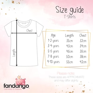 May include: Size guide for t-shirts with measurements in centimeters for ages 1-2 years to 9-10 years. The chart shows the length and chest measurements for each age.