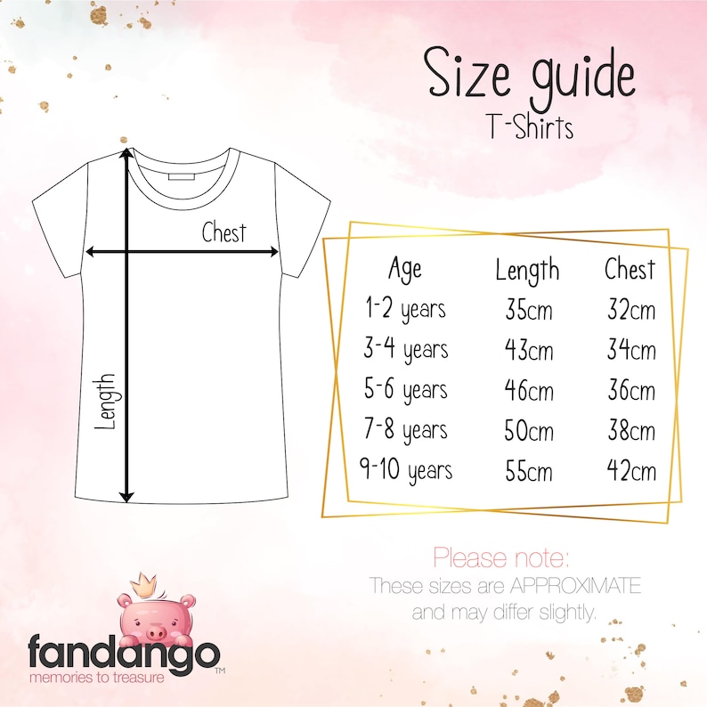 May include: Size guide for t-shirts with measurements in centimeters for ages 1-2 years to 9-10 years. The chart shows the length and chest measurements for each age.