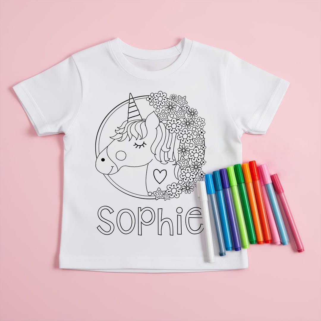 Personalised Unicorn Colouring T-shirt | Any Name | Washable Colour-in ...