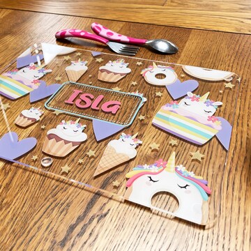 Personalised Children's Placemat - Unicorns and Rainbows - wipeable clear acrylic kids placemat (dinner mat) with rubber feet FANDANGO