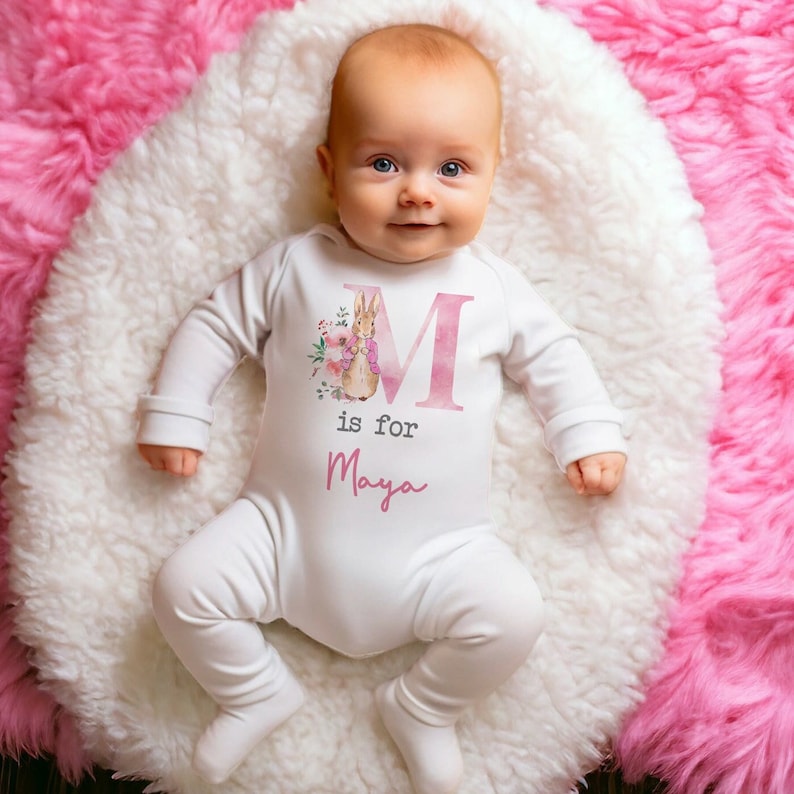 Personalised Pink Rabbit Initial Babygrow Sleepsuit, Vest, New Girl Gift, Coming Home Gift, New Baby, Pregnancy Announcement sleepsuit zdjęcie 1