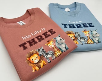 Personalised Birthday Jumper, Safari Sweatshirt, Birthday Outfit, Jungle, I am One, First Birthday | Customise with any name