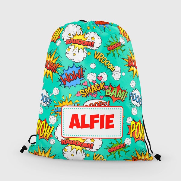 Personalised PE / swim bag, comic cartoons bag, school bag, boys school bag, kids drawstring bag, back to school bag, swim bag, sports bag