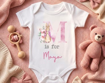 Personalised Rabbit Sleepsuit - New Baby Girl Coming Home Outfit - Custom Name Newborn Gift