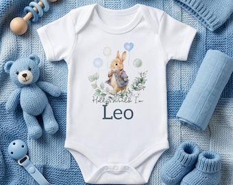 Personalised Rabbit Sleepsuit - New Baby Boy Coming Home Outfit - Custom Name Newborn Gift