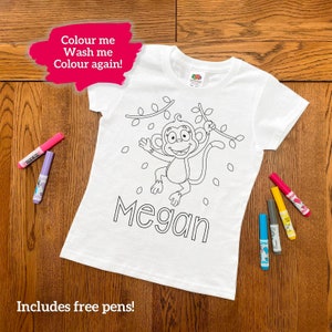 Personalised Monkey Colouring T-Shirt - ANY NAME - washable colour me fun activity for kids children et