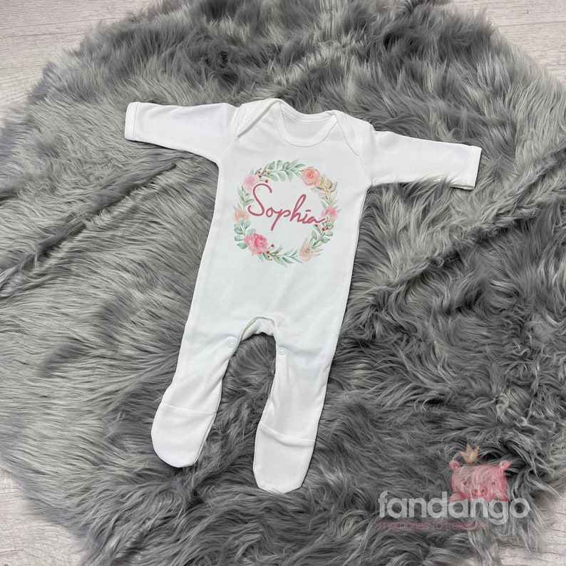 Personalised Flower Wreath Babygrow Sleepsuit New Baby Girl Gift Vest Bodysuit Baby Shower Gift 