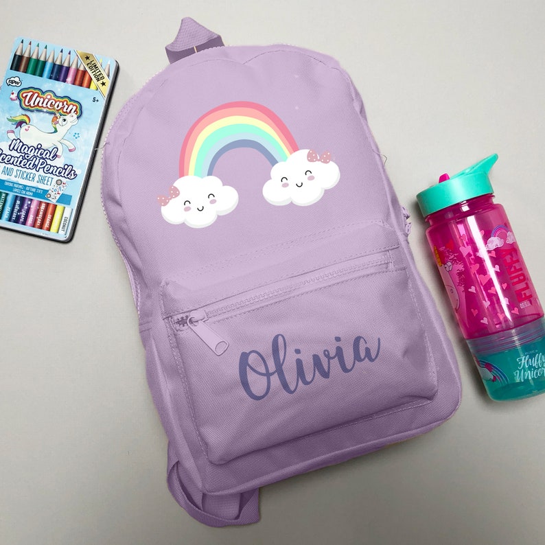 Personalised Rainbow Backpack ANY NAME Back To School Bag Backpack Kids Nursery Toddler Rucksack Purple