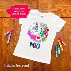 Personalised Unicorn Colouring T-Shirt ANY NAME washable colour me fun activity for kids children etc image 2