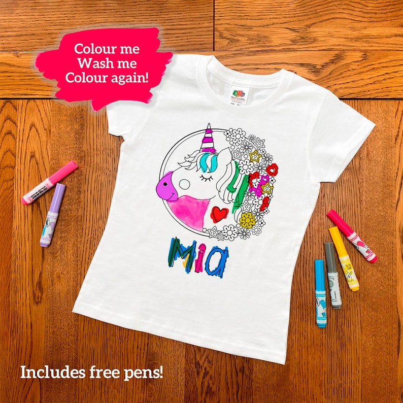 Personalised Unicorn Colouring T-Shirt ANY NAME washable colour me fun activity for kids children etc FANDANGO image 2