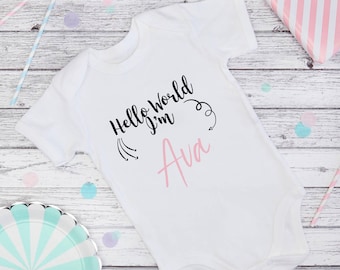 Personalised Baby Arrival Vest, Bodysuit, Pregnancy announcement, Fun gift for a new baby, or baby shower, Hello World