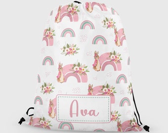 Personalised Rabbit PE Swim Bag - Girls School Drawstring Bag - Custom Name Sports Kit