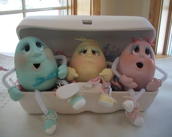 ceramic Easter Egg Carton with 3 egg noggin characters Easter decoration