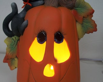 Ceramic pumpkin with kitty Halloween lighted decoration