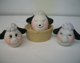 ceramic lambs,sheep character egg-pressions set of 3