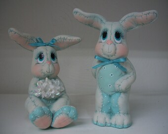 Ceramic Easter Bunnies set of 2 quilted look Easter decoration