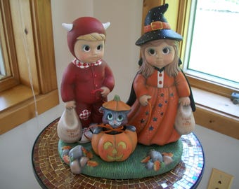 ceramic Halloween trick or treaters witch and devil characters,kitty and pumpkin complete set Halloween decor