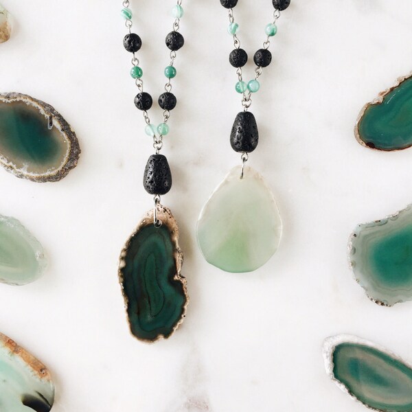 LAST CHANCE! Green Agate Pendant • Essential Oil Necklace Diffuser Aromatherapy - Boho Sliced Stone Gemstones Lava Bead Diffuser Necklace
