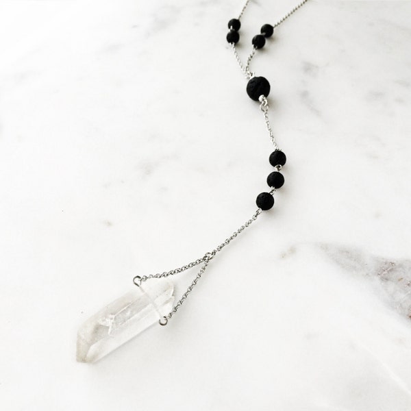 Boho Quartz Crystal Essential Oil Diffuser Lava Bead Necklace - Stainless Steel - Essential Oil Necklace Diffuser Aromatherapy