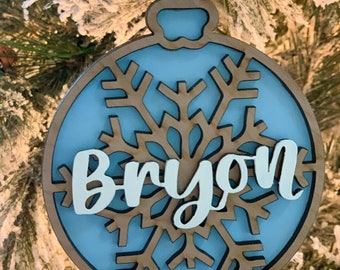 Personalized Name Snowflake Layered Design Ornament | Wood Christmas Ornament | Custom Name | Holiday Gift | Stocking Tag | Table Setting