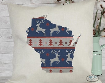 Custom State Pillow | Holiday Decor | Christmas Pillow | Winter | Throw Pillow | Reindeer Christmas Sweater