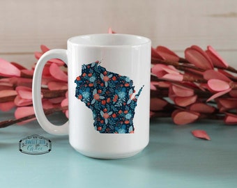 Navy Red Floral Custom State Coffee Mug, Cup, Flowers, Housewarming, Birthday, Christmas, Gift, Present, WI, TN, Kitchen Decor, Home Decor