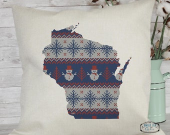 Custom State Pillow | Holiday Decor | Christmas Pillow | Winter | Throw Pillow | Snowmen Christmas Sweater