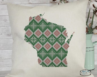 Custom State Pillow | Holiday Decor | Christmas Pillow | Winter | Throw Pillow | Red and Green Snowflake Christmas Sweater