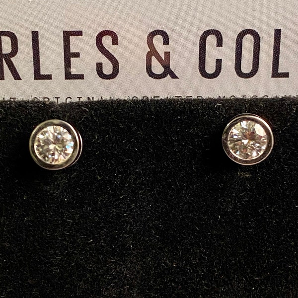3/4 carat 4.5mm Forever One Charles & Colvard moissanite inscribed 14kt Bezel set earrings yellow gold with certificate of authenticity.