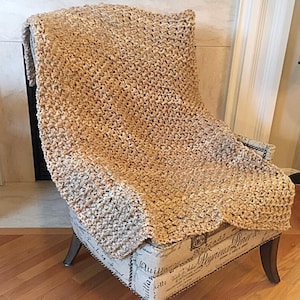 Hand Crocheted Chunky Throw Blanket, Soft Oatmeal Beige Acrylic Yarn, Rustic Farmhouse Afghan, 36x43
