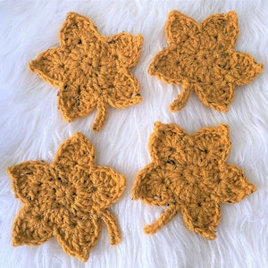 Golden Maple Leaf THICKER Crochet Coaster Set, 4 Double Knit Coasters, 5.5&quot; Rustic Maple Leaf, Honeycomb Farmhouse Decor, Plant Coasters