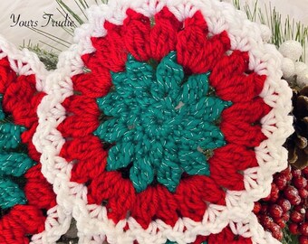 Set of 2 Christmas Crochet Coasters, 6" Round Mug Mat, Acrylic Yarn Hand Knit Poinsettia Coasters, Drink Coasters, Christmas Gift Set