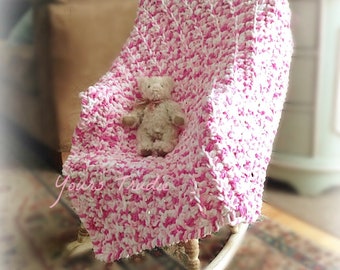 26 x 29, Pink Chenille Crochet Baby Blanket, Ribbed Chunky Knit Afghan, Baby Shower Gift, Puffy Kids Throw