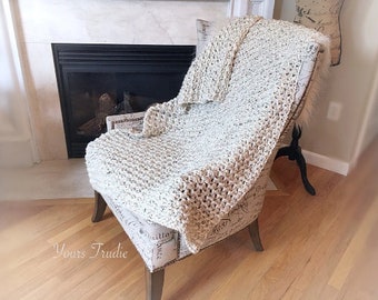 36 x 48, Oatmeal Super Chunky Crochet Throw, Textured Hand Double Knit Afghan, Cream with Flecks, SOFT Acrylic Rustic Farmhouse Blanket