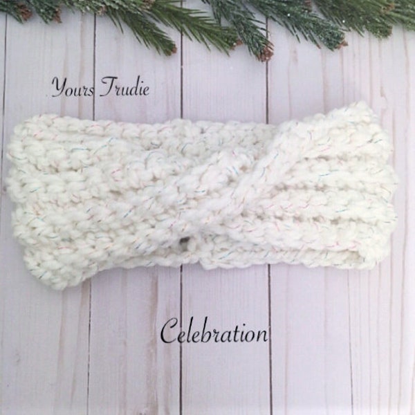 Shimmer White Lambswool Crossover Crochet Ear Warmer, 'Celebration' Chunky Twisted Knit Headband, Women's Ear Warmer, Wool Blend Ear Warmer