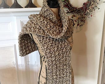 Grey Beige Crochet Scarf, Greige Hand Knit Chunky Textured Acrylic Scarf, Soft Neck Wrap