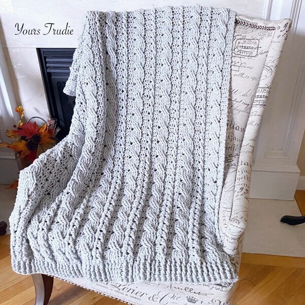 34 x 45, Soft Light Grey Crochet Throw, Aran Celtic Braided Fisherman Cable Lap Afghan, Irish Hand Knit Acrylic Blanket