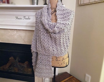 80" Grey Crochet Wrap Shawl, Women's Silver Shimmer Grey Prayer Shawl, SOFT Acrylic Friendship Shawl, Extra Long Women's Scarf