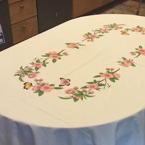 1970s hand painted tablecloth-washable-off white-pink-green-brown-peach-yellow-floral w butterflies-6 1/2 ft x10 BEAUTIFUL-wrinkle resistant
