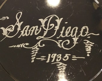 1935 San Diego California Pacific International Expo -Black amethyst glass tray-commemorative handled plate, vintage memorabilia souvenir SD