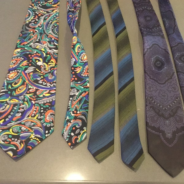 Vintage neck ties-1950 1980 1990 mens/womens - 1 paisley wide multi color- 1 thin blue olive black- 1 med width navy purple teal 1 /12.00