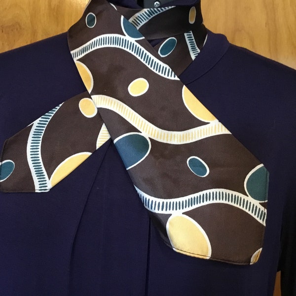 1960s cravat neck tie, groovy brown teal yellow white abstract design men or women ascot neckwear mod vintage tie Miller & David Girard Pa
